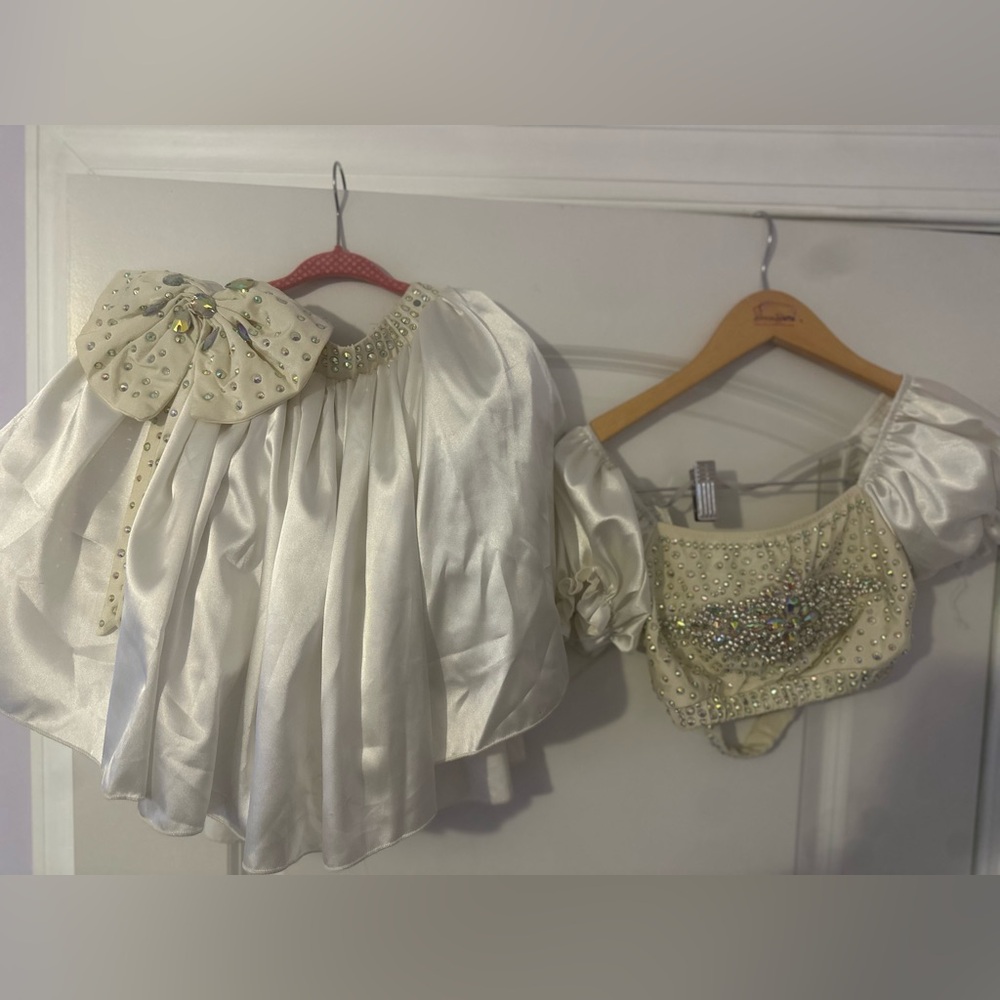 Girls child large two piece costume white satin with Swarovski crystals